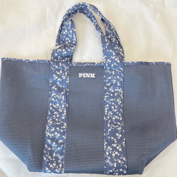 Victoria's Secret Pink Blue Mesh Tote Weekender Bag Floral Trim - Picture 2 of 7